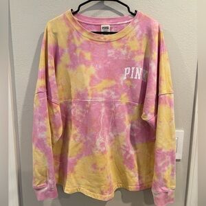 Victorias Secret Pink Graphic Oversized Tie Dye Varsity Crew Sweatshirt Size L